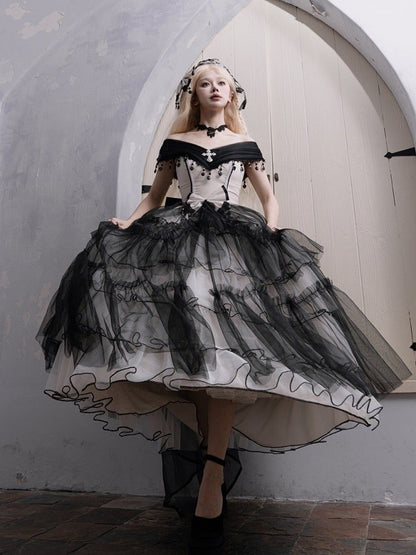 Plus Sizes Available Black Gothic Princess Off-the-shoulder Neckline Dress Black and White