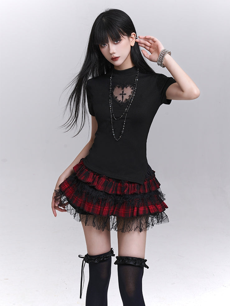 Black Mock Neck Heart-shaped Cutout Cross Print T-shirt