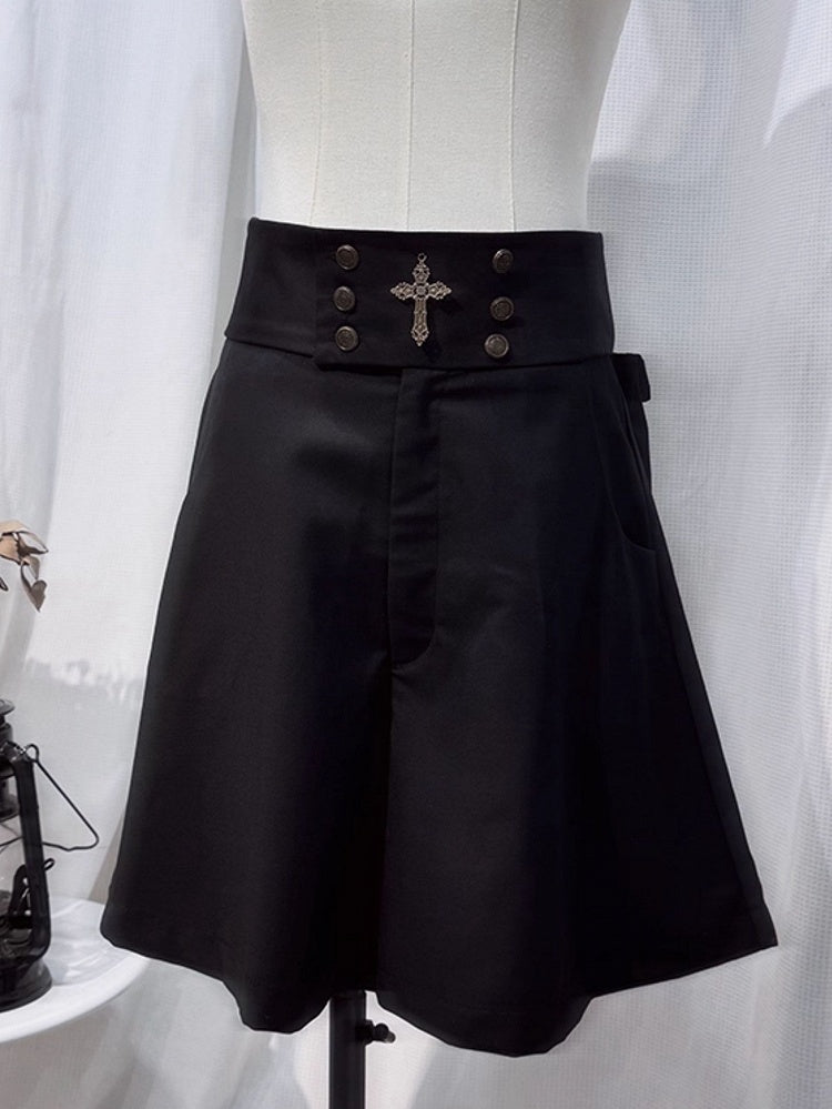 Ouji Lolita White and Black Five-Piece Set - Lace Collar Top + Detachable Pointed Hood + Ribbons + Shorts + Garter