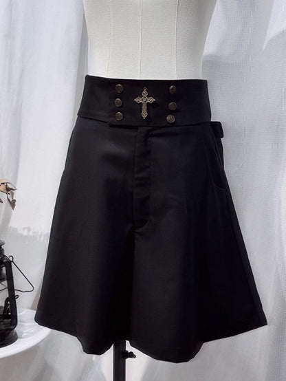 Ouji Lolita White and Black Five-Piece Set - Lace Collar Top + Detachable Pointed Hood + Ribbons + Shorts + Garter