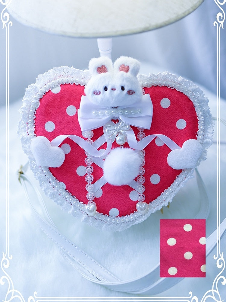 Rose Pink Polka-dot Pattern Beaded Decorated Plush Bunny Design Heart-shaped Crossbody Bag With Pompon