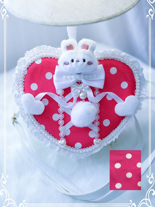 Rose Pink Polka-dot Pattern Beaded Decorated Plush Bunny Design Heart-shaped Crossbody Bag With Pompon
