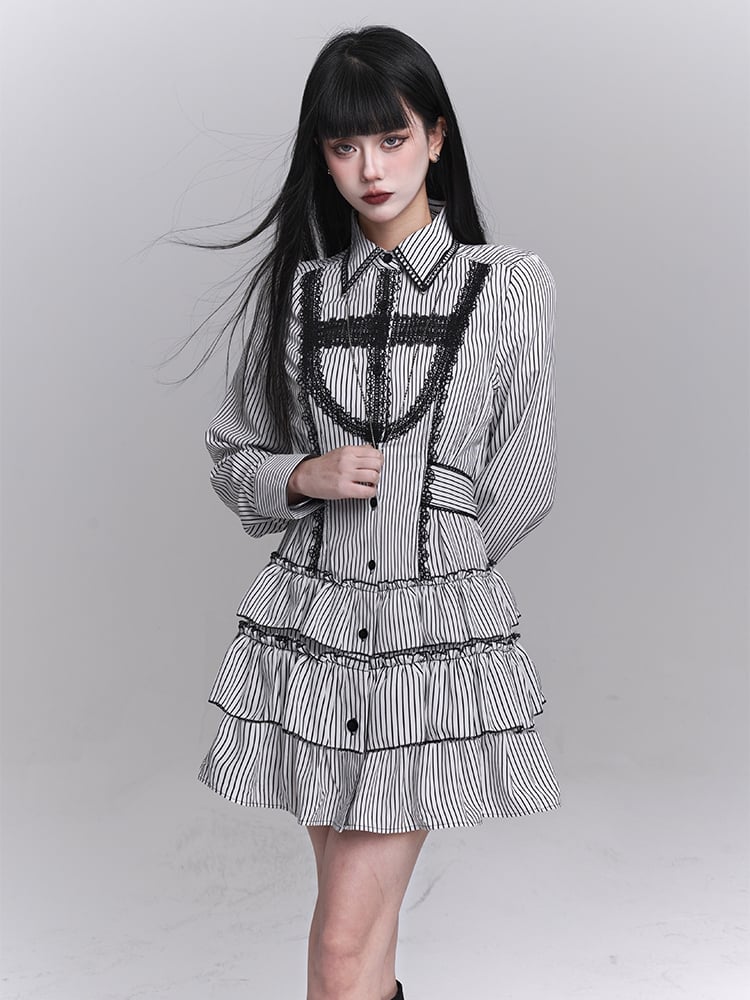Gothic Lace Cross Tiered Skirt Black and White Striped Shirt Dress