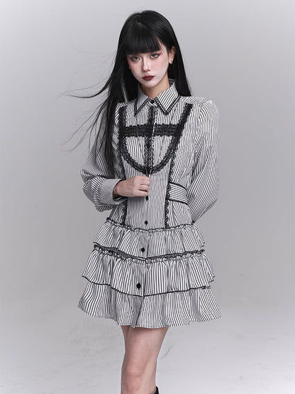 Gothic Lace Cross Tiered Skirt Black and White Striped Shirt Dress