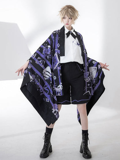 Black and Purple Striped Pattern Haori Poker and Tea Cup Print