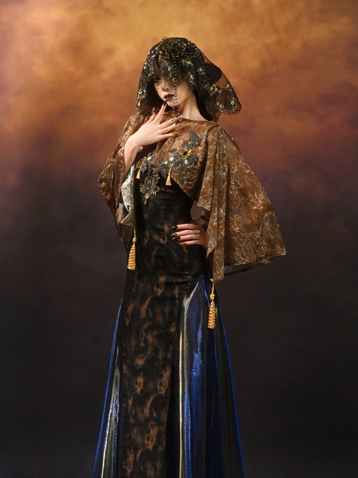 Gold High-low Design Cutout Back Shawl with Tassels and Bead Chain