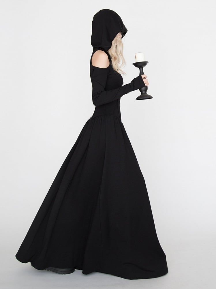 Gothic Black Cutout Shoulder Wasteland Punk Hooded Dress