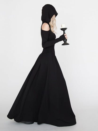 Gothic Black Cutout Shoulder Wasteland Punk Hooded Dress