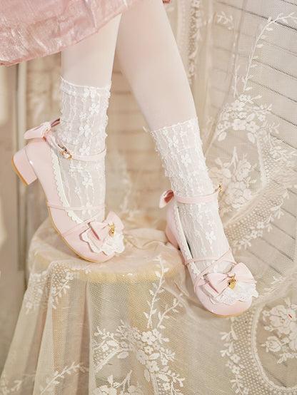 Baby Pink Heart Charm Bow at Top Lace Trim Crisscross Design Lolita Shoes