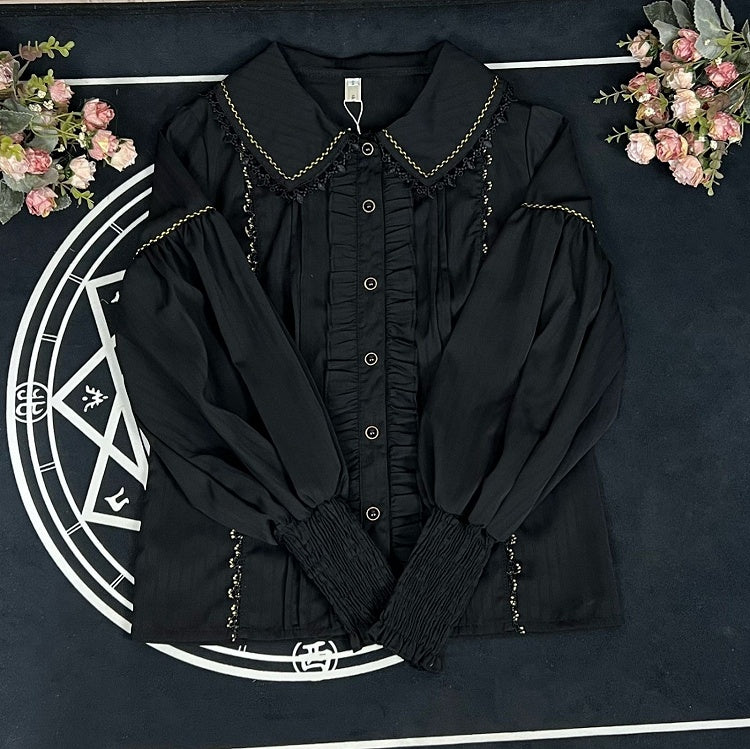 Black Vintage Shirt Leg-of-Mutton Sleeves Elegant Top