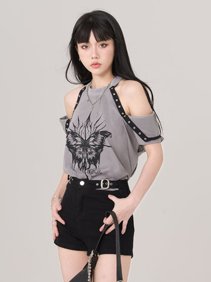 Gray Butterfly Print Cutout Shoulder Loose T-Shirt