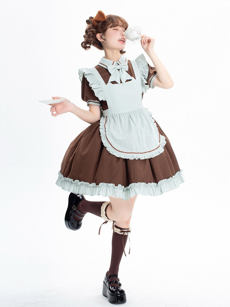 Brown and Mint Green Kitty Maid Lolita Short Puff Sleeves Dress + Apron