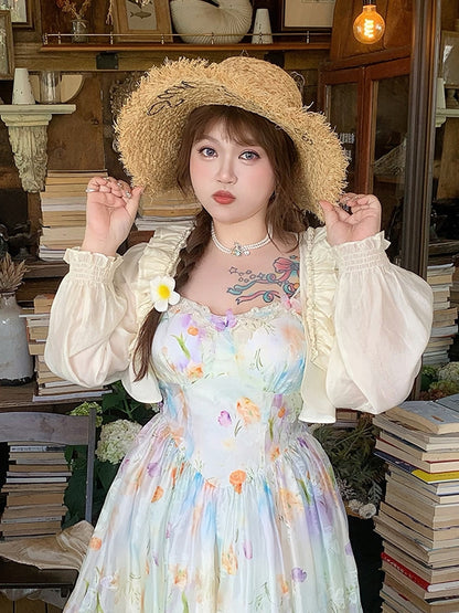 Plus Size Apricot Ruffled Trim Open Placket Rhinestone Embellished Top