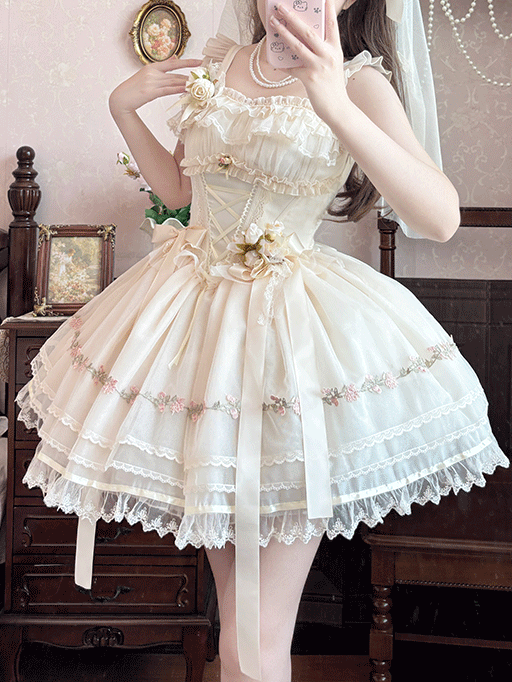 Beige Ribbon Bowknots Decoration Boned Waist Balletcore Sweet Lolita Dress Flutter Sleeves JSK