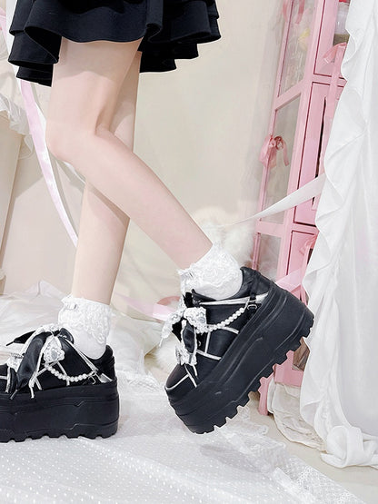 Jirai Kei Black Rhinestone Platform Shoes with Detachable Beaded Chain