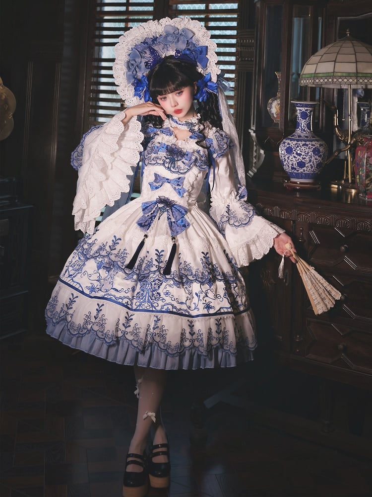 Butterfly Fabric Blue and White Porcelain Embroidery Chinoiserie Style Lolita Dress Short Version
