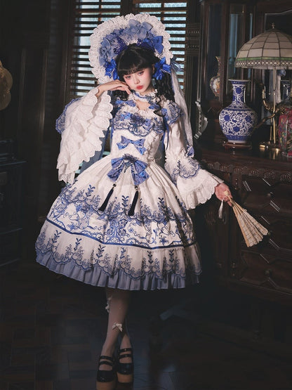 Butterfly Fabric Blue and White Porcelain Embroidery Chinoiserie Style Lolita Dress Short Version