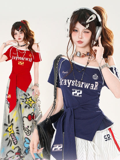 Red/Blue Asymmetrical Neckline Blokette Core T-shirt Self-tie Straps at Waist