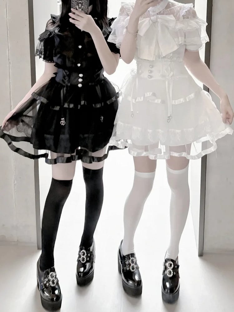 Clearance-Size M for Bust 90CM Jirai Kei White Illusion Neckline Tiered Ruffles Heart Buttons Short Sleeves Blouse with Big Bow