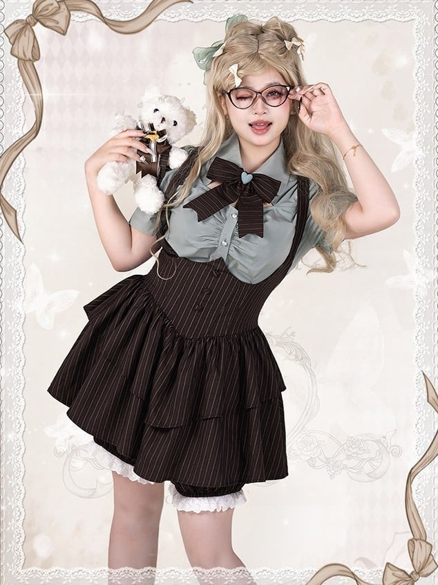 Plus Size Preppy Style Mint Blue Heart Buttons Short Sleeves Blouse