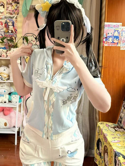 Light Blue Tenshi Kaiwai Cat Print Diamond Pattern Bear Ear Hoodie T-shirt