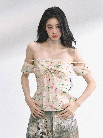 Big Bow Neckline White/Floral/Blue Off-the-shoulder Neckline Top