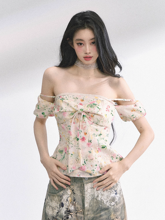 Big Bow Neckline White/Floral/Blue Off-the-shoulder Neckline Top