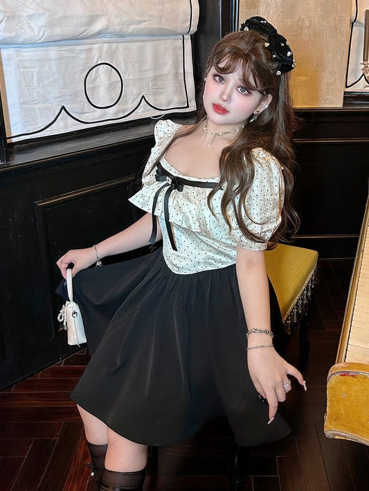 Plus Size Polka-dot Top White and Black Sweet Puff Sleeves Dress