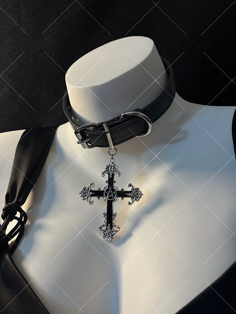 Cross Pendant Black Gothic Punk PU Choker