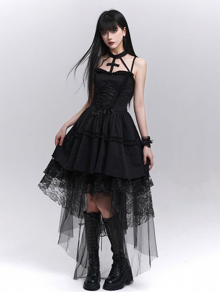 Gothic Black Lace-up Front Basque Waist Cross Halter Dress