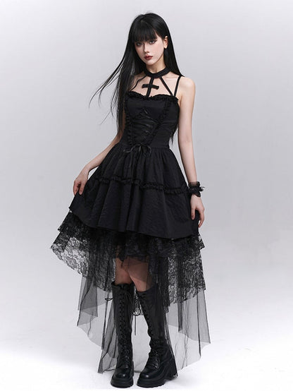 Gothic Black Lace-up Front Basque Waist Cross Halter Dress