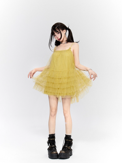 Mustard Yellow Square Neckline Layered Mesh Backless Cami Dress