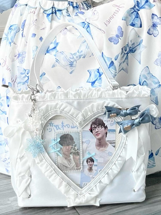 White Stain Lace-up Design Ruffles Trim Heart PU Tota Ita Bag