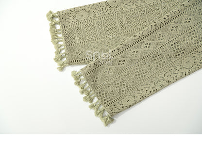 Bohemian Green V-neck Tassels Hem Top with Belt