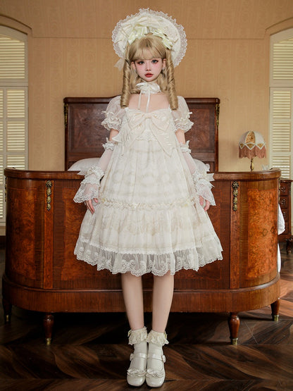 Embroidered Big Bow Neckline Cream Print Creamy White Puff Sleeves Lolita Dress