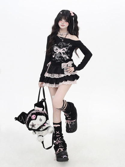 Asymmetrical Neckline Sweet Plaid Bowknot Applique White/Black Top