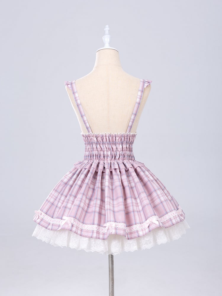 Pink Lace-up High Waist Jirai Kei Plaid Skirt with Detachable Flutter Straps