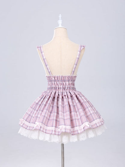 Pink Lace-up High Waist Jirai Kei Plaid Skirt with Detachable Flutter Straps