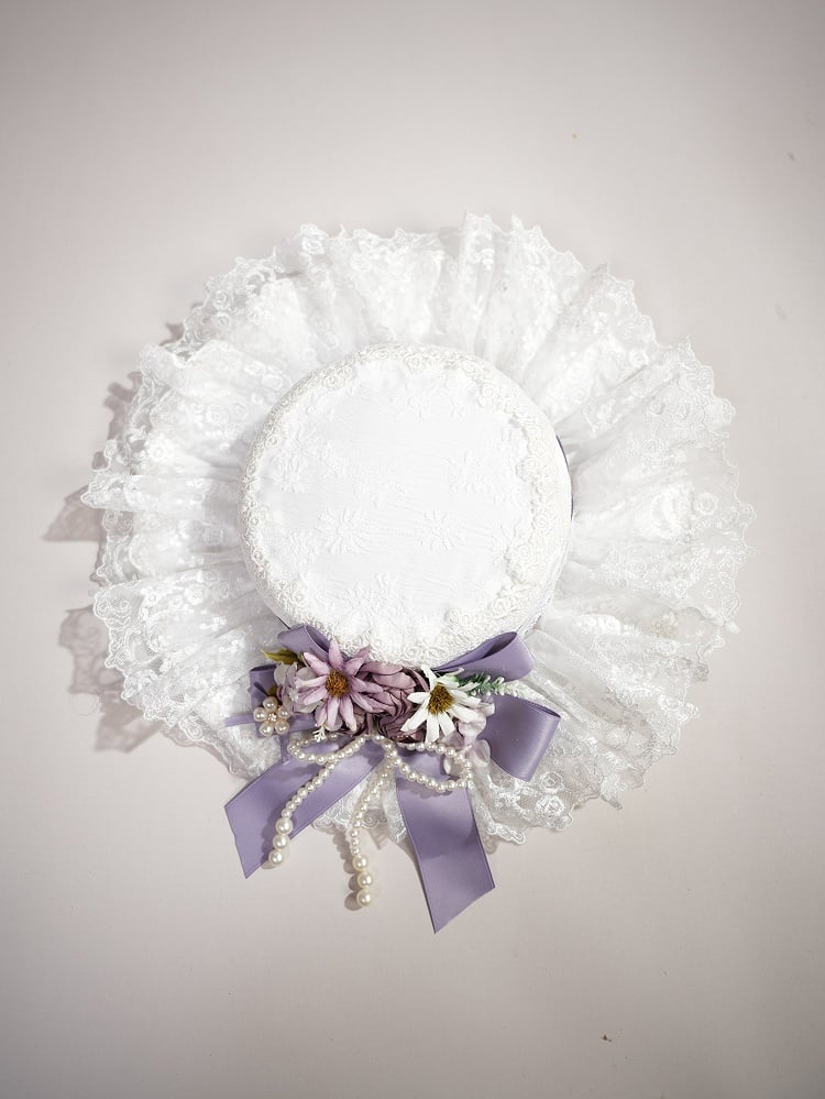 Purple Flowers and Beaded Bowknot Decorated White Hat
