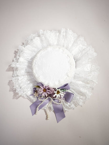 Purple Flowers and Beaded Bowknot Decorated White Hat
