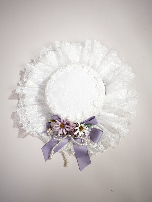 Purple Flowers and Beaded Bowknot Decorated White Hat