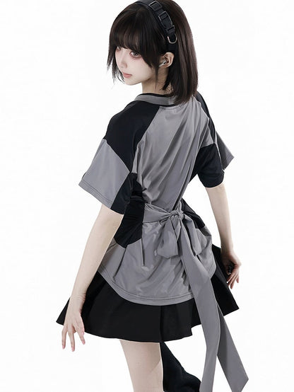 Black/Gray Colorblock Design Plaid Star Appliques V-neck Sports T-shirt