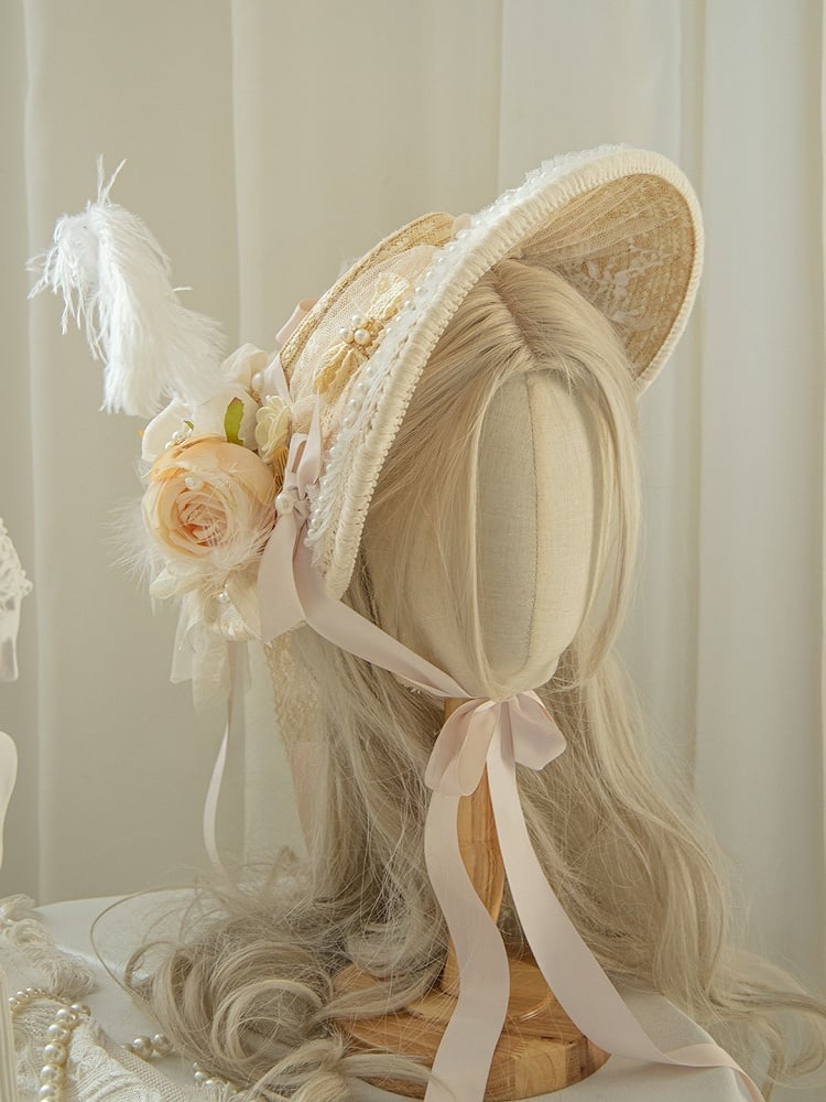 Beige Feather And Beaded Decorated Floral Design Straw Hat