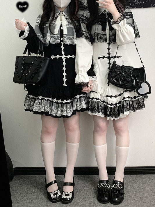 Jirai Kei White/Black/Pink Rose Cross Embroidery Landmine Style High Waist Lace Hem Skirt