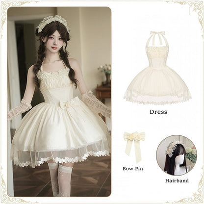 Elegant Beige Boned Basque Waist Self-tie Halter Neck Dress + Detachable Flower Bow + Hairband