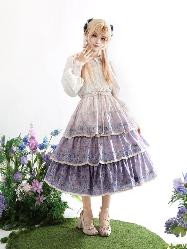 Ombre Violet Delicate Iris Embroidery Tiered Skirt