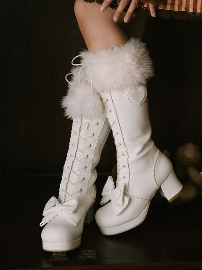 White Sweet Lolita Knee-High Boots - Plush Top Cuff with Bow Embellishments & Lace+Zip System