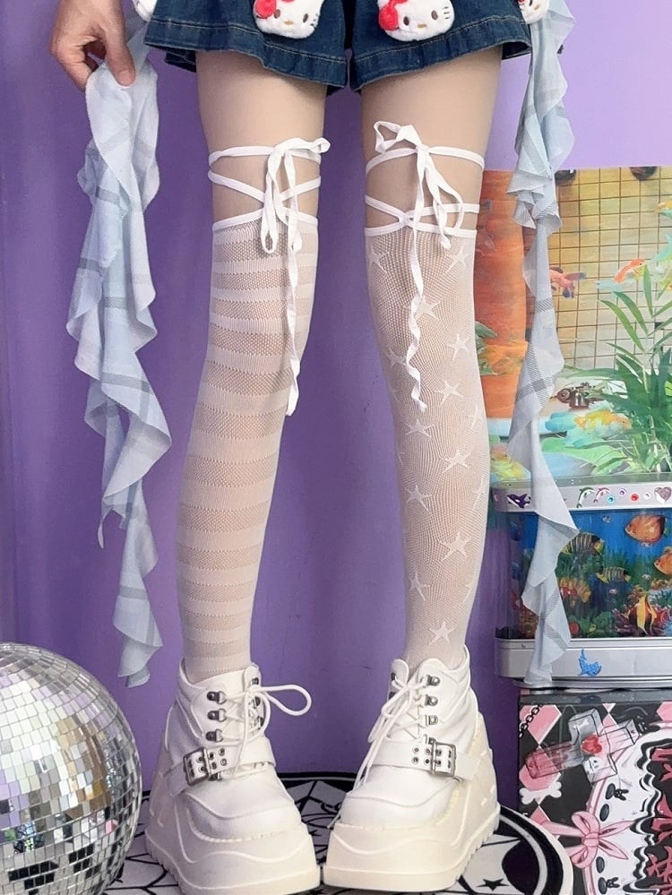 Black/White Y2K Asymmetrical Design Star And Striped Pattern Over-knee Stockings