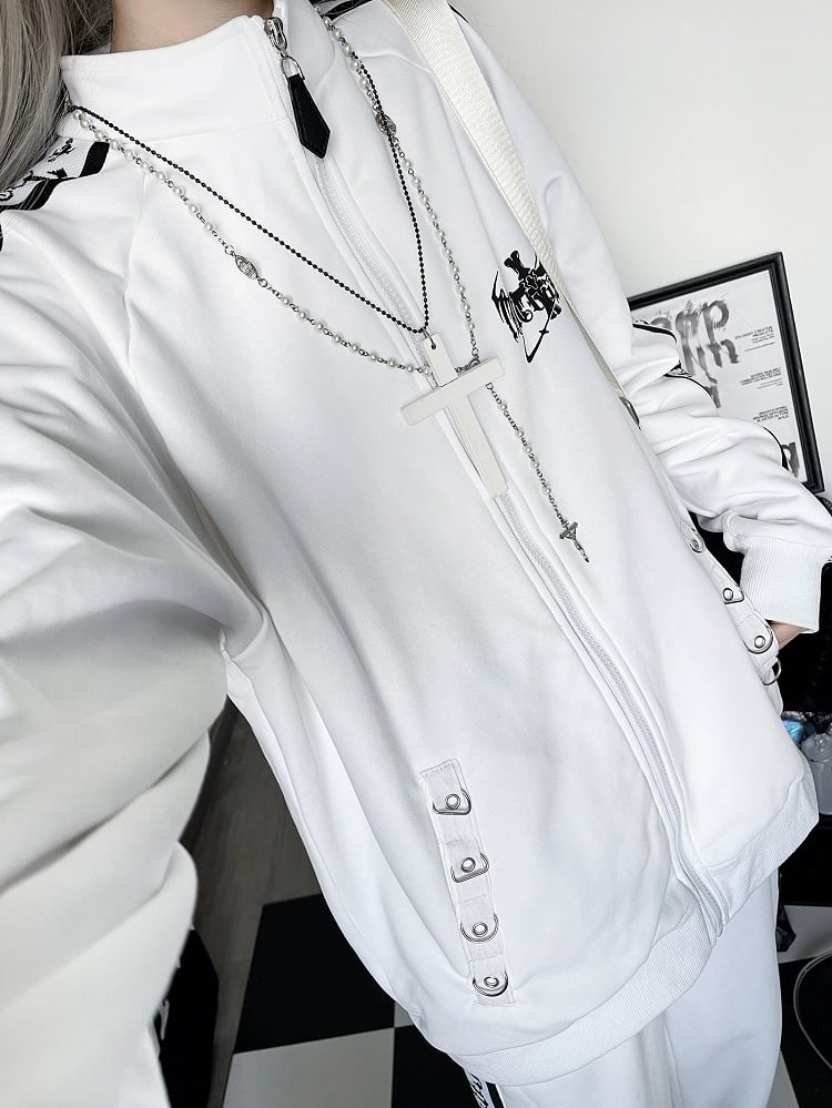 White Gothic Cross And Letter Print Sweatshirt Jacket
