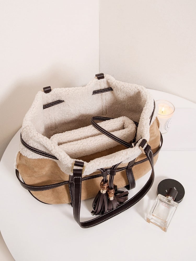 Plush Trim Brown Tote Bag With Vintage Bamboo Knot Accents - Large Capacity Shoulder Bag For Fall And Winter